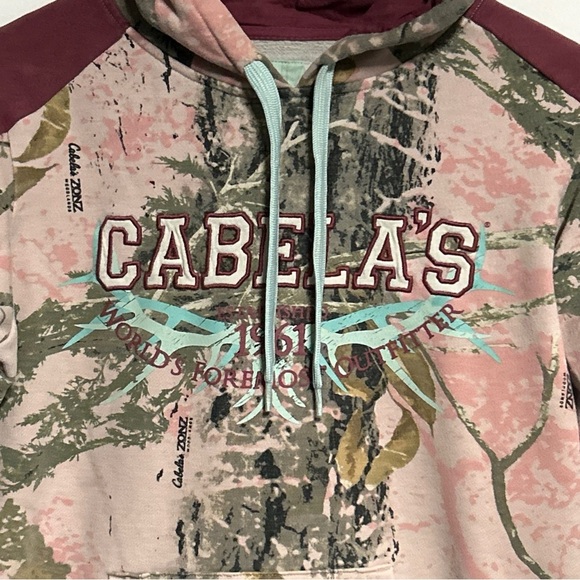 Cabela’s Women’s Pink Tree Print Logo Pullover Drawstring Hoodie Pockets Outdoor - Picture 9 of 13